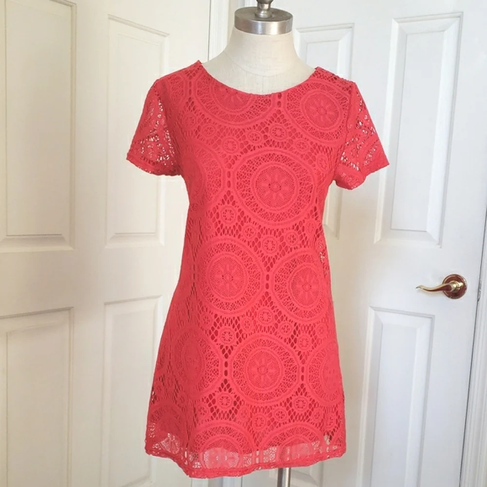 VINTAGE 90's Coral Red Crochet Lace Short Sleeve Shift Dress Tunic SMALL